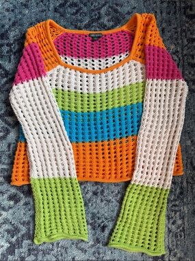 wild fable Orange, Pink, Blue, Lime & Cream Crochet Scoop Sweater